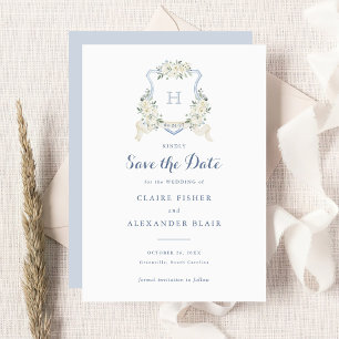 Invitation Floral Blanc Dusty Blue Crest Enregistrer la date