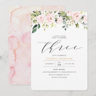 Invitation Floral blanc et Eucalyptus Girl 3e anniversaire