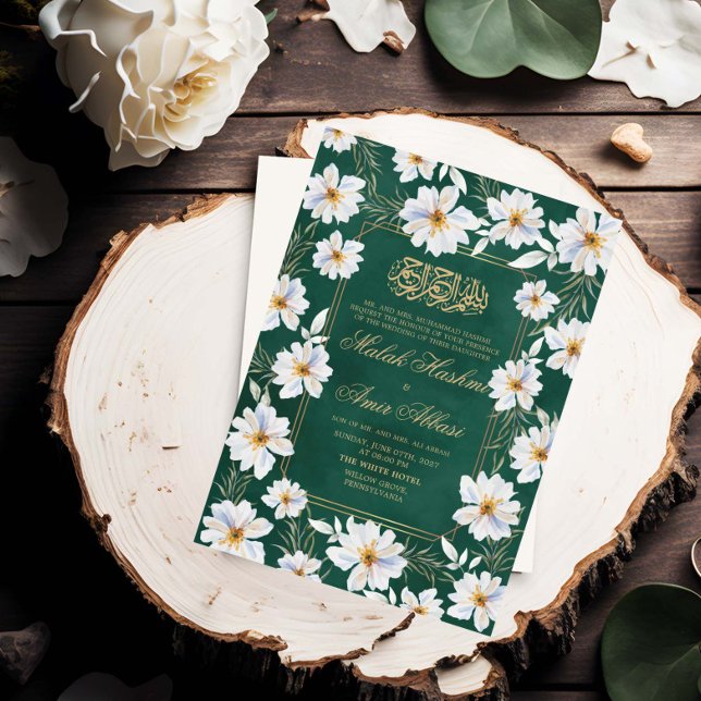 Invitation Floral blanc et Mariage musulman islamique vert (Créateur téléchargé)