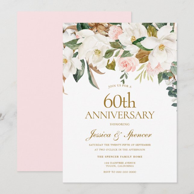 Invitation Floral blanc flou moderne 60e anniversaire de Mari (Devant / Derrière)