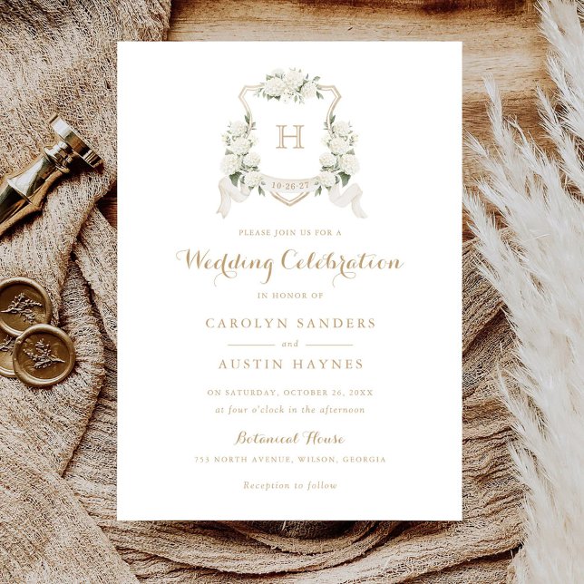 Invitation Floral Blanc Hydrangea Crest Or Monogramme Mariage (Créateur téléchargé)