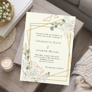 Invitation Floral blanc ivoire or mariage géométrique