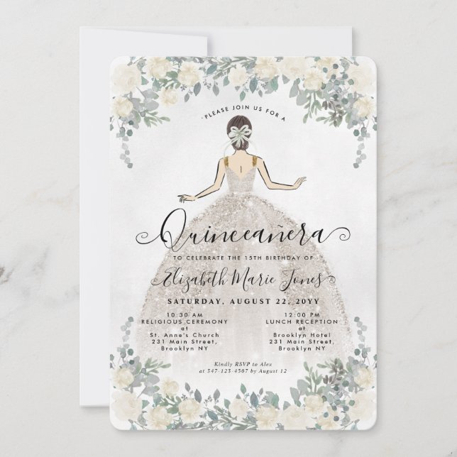 Invitation Floral blanc ivoire princesse Anniversaire Quincea (Devant)