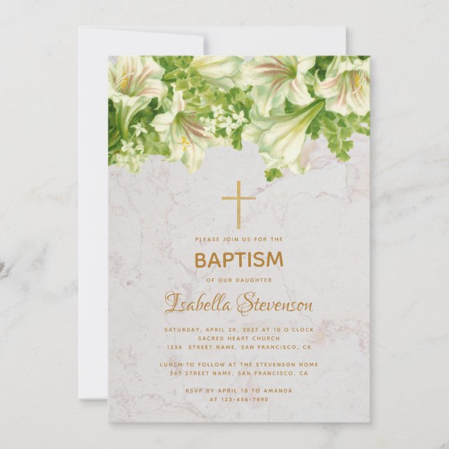 Invitation Floral Blanc Lilies Marbre Gold Cross Baptême (Devant)