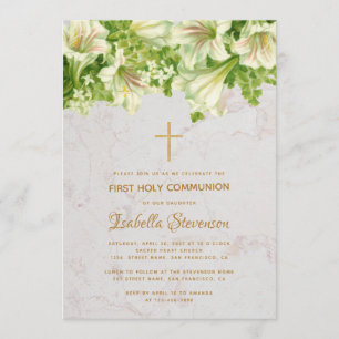 Invitation Floral Blanc Lilies Marbre Première Communion Sain