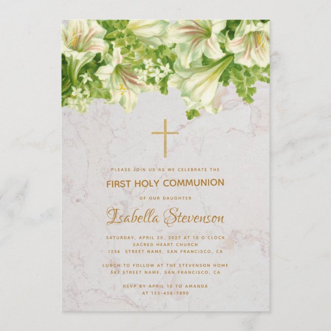 Invitation Floral Blanc Lilies Marbre Première Communion Sain (Devant)