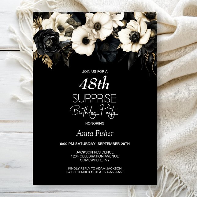 Invitation Floral Blanc Noir N'Importe Quel Âge Surprise Anni (Créateur téléchargé)