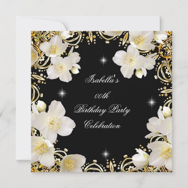 Invitation Floral Blanc Or Black Elite Femmes Anniversaire (Devant)
