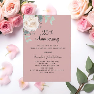 Invitation Floral blanc poussiéreux rose 25e anniversaire mar