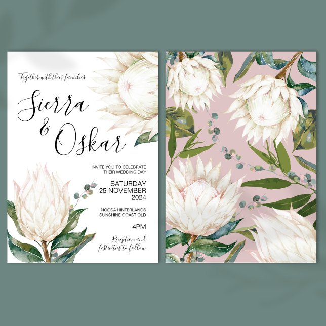 Invitation Floral Blanc Protea Native Flowers Mariage (Créateur téléchargé)