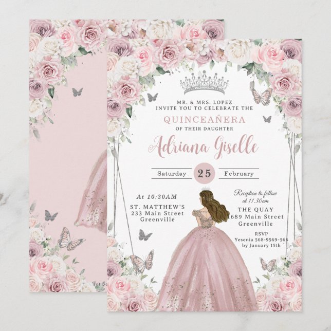Invitation Floral blanc rose pâle Princesse Quinceañera XV 16 (Devant / Derrière)