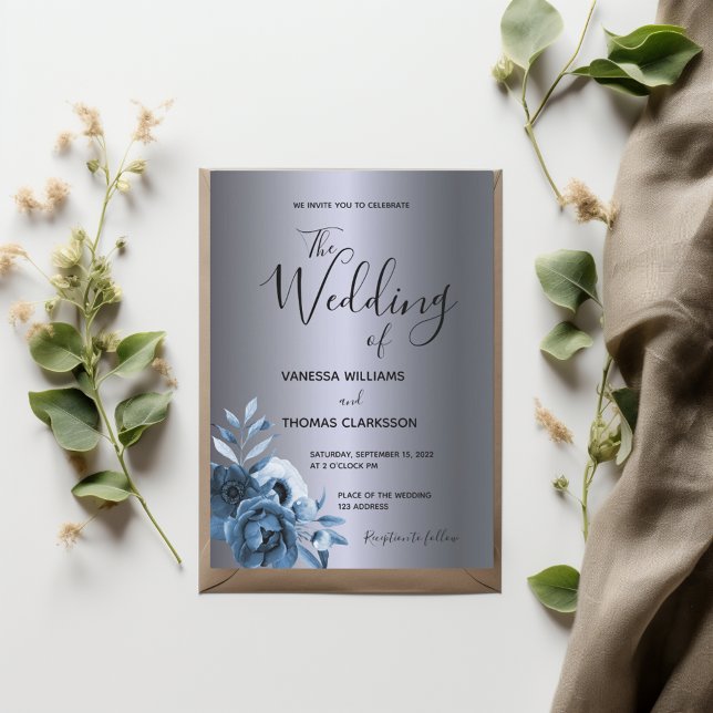 Invitation Floral bleu argent foncé mariage métallique (Créateur téléchargé)