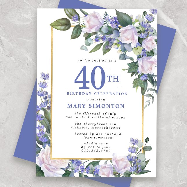 Invitation Floral bleu blanc or 40e anniversaire (Créateur téléchargé)