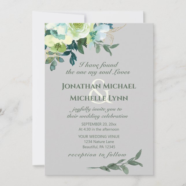 Invitation Floral Bleu Blanc Or Turquoise Mariage chrétien (Devant)