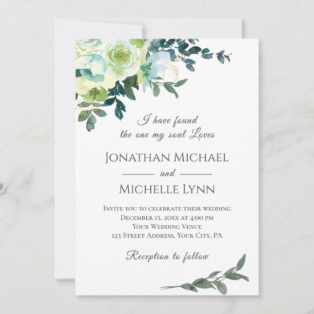 Invitation Floral Bleu Blanc Or Turquoise Mariage chrétien (Devant)