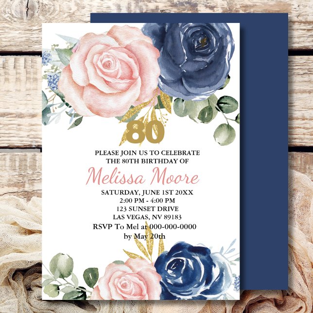 Invitation Floral bleu bleu marine rose pâle 80e anniversaire (Créateur téléchargé)