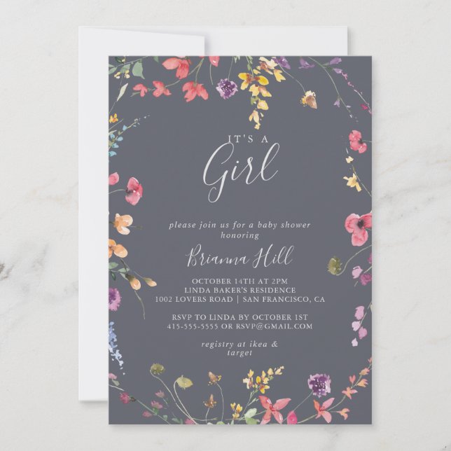 Invitation Floral bleu classique C'est un Baby shower féminin (Devant)