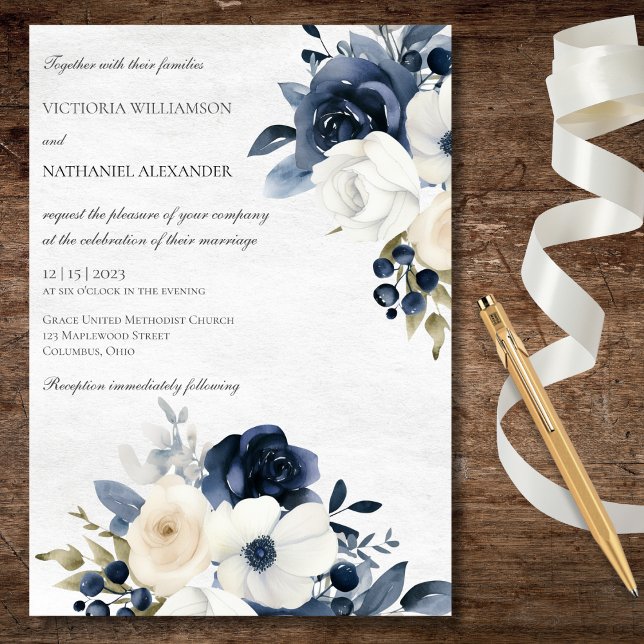 Invitation Floral bleu d'hiver sur Mariage blanc marbré (Créateur téléchargé)