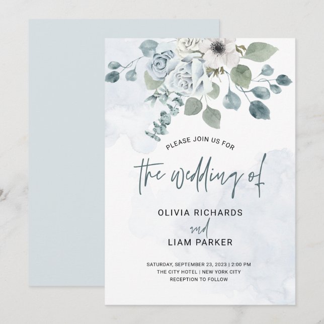Invitation Floral bleu Dusty et Mariage d'Eucalyptus (Devant / Derrière)