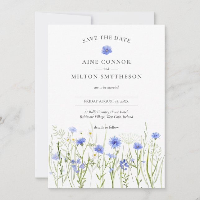 Invitation Floral bleu enregistrer la date, mariage fleur sau (Devant)