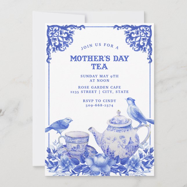 Invitation Floral bleu et blanc |Invitation au thé de la fête (Devant)