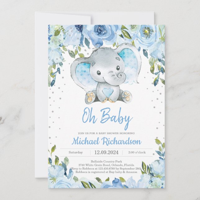 Invitation Floral bleu et joli éléphant Baby shower Boho (Devant)