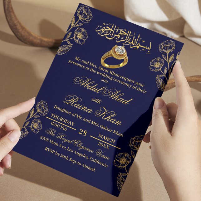 Invitation Floral bleu et or musulman Fiançailles islamique (Créateur téléchargé)