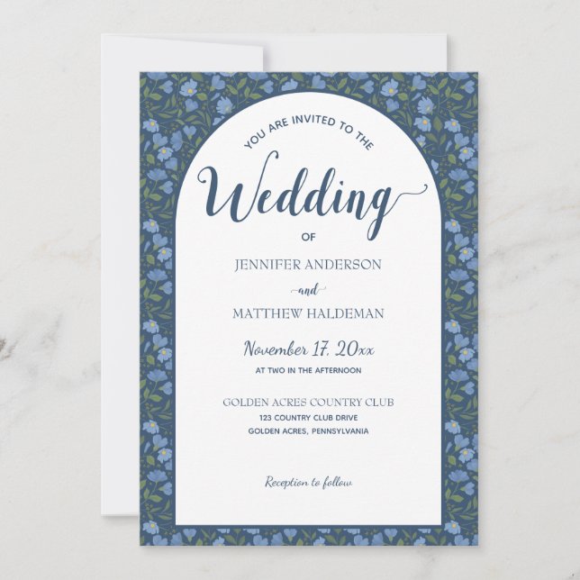Invitation Floral Bleu, Fleurs Delphinium Mariage forme arc (Devant)