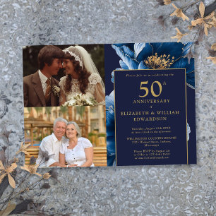Invitation Floral bleu hier et aujourd'hui 50e anniversaire 2