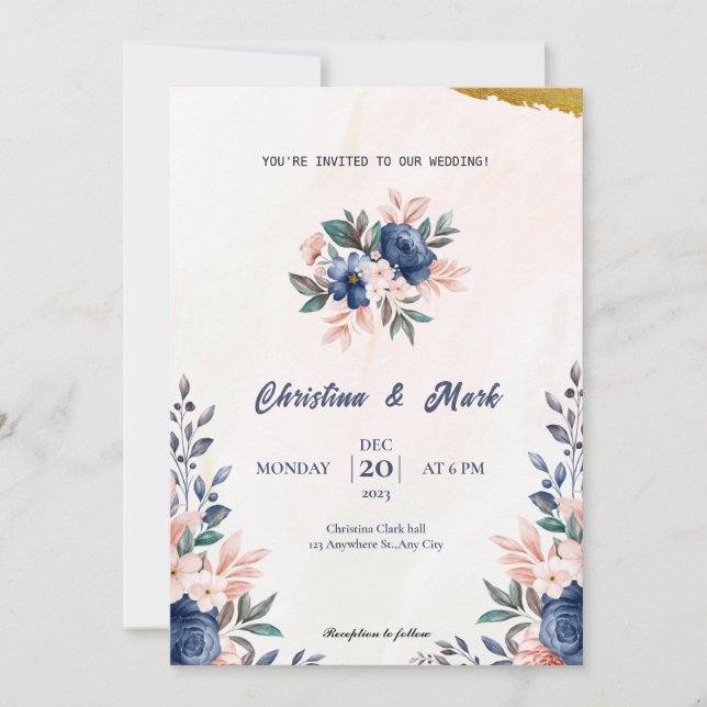 Invitation Floral bleu Mariage simple (Devant)