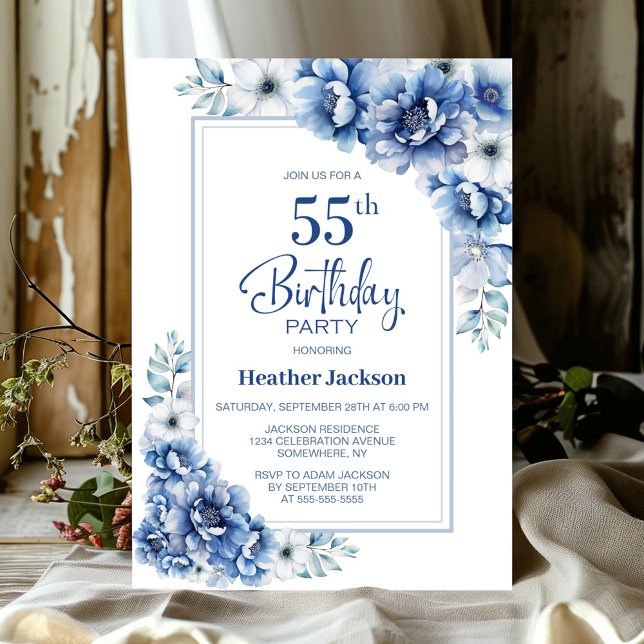 Invitation Floral bleu moderne 55e fête d'anniversaire (Créateur téléchargé)