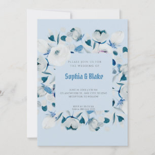 Invitation Floral bleu moderne et blanc encadré Mariage bleu