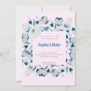 Invitation Floral bleu moderne et blanc encadré Mariage rose