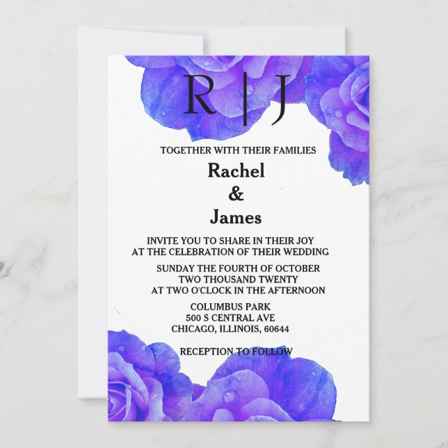 Invitation Floral bleu Monogramme Rose Fleurs fleurs Mariage (Devant)