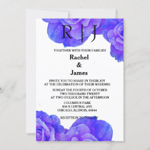 Invitation Floral bleu Monogramme Rose Fleurs fleurs Mariage