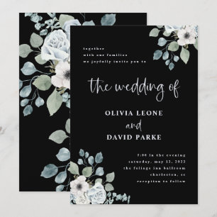 Invitation Floral bleu noir et poussiéreux   Mariage aquarell