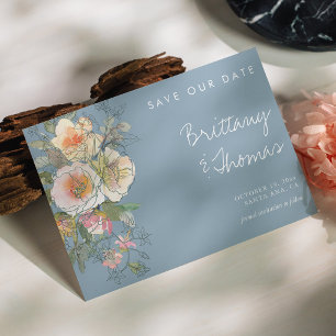 Invitation Floral bleu poussiéreux Enregistrer la date - Aqua