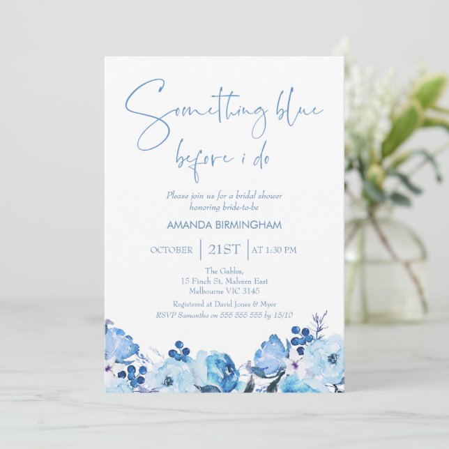 Invitation Floral bleu Quelque chose Fête des mariées bleue (Debout devant)