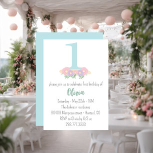 Invitation Floral bleu, rose pastel 1er anniversaire