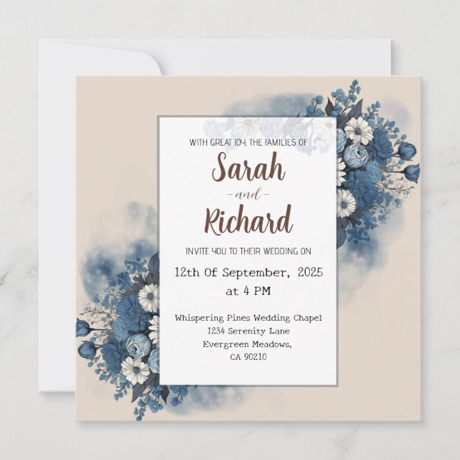 Invitation Floral bleu serein avec Arrière - plan beige éléga (Devant)