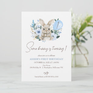 Invitation Floral Bleu Un Lapin Tourne Un 1Er Anniversaire