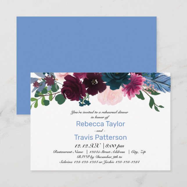 Invitation Floral Blooms Blue - Dîner de répétition 3x5 (Devant / Derrière)