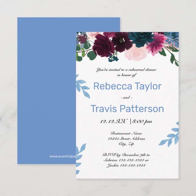 Invitation Floral Blooms Blue - Dîner de répétition 3x5 (Devant / Derrière)