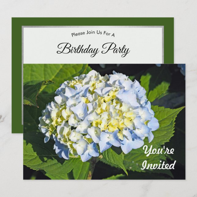 Invitation Floral Blue and Yellow Hydrangea Photo Anniversair (Devant / Derrière)
