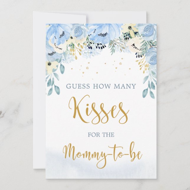 Invitation Floral Blue Baby shower Devine Combien De Baisers  (Devant)
