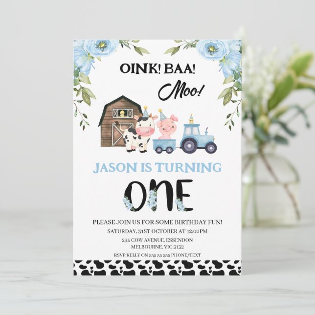 Invitation Floral Blue Black Cow Imprimer ferme 1er anniversa (Debout devant)