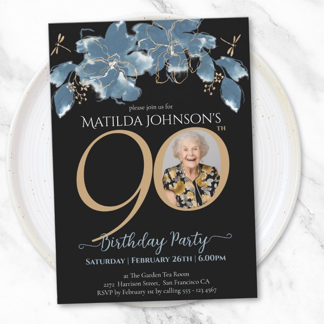 Invitation Floral Blue Black Gold Photo 90th Birthday Party (Floral Blue Black Gold Photo 90th Birthday Party Invitation)