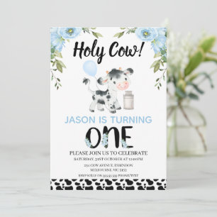Invitation Floral Blue Boys Cow Imprimer Holy Cow 1er Anniver