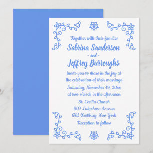 Invitation Floral Blue Cornflower Fleurs Laurel Leaf Mariage
