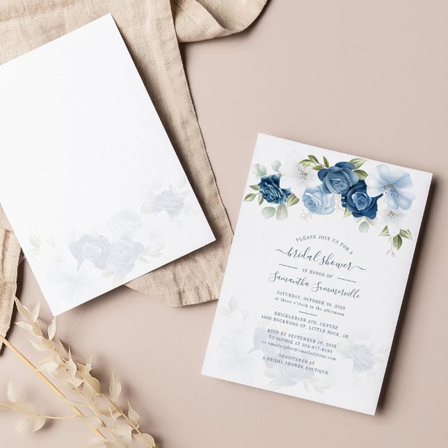 Invitation Floral Blue Greenery Fête des mariées aquarelle (Créateur téléchargé)